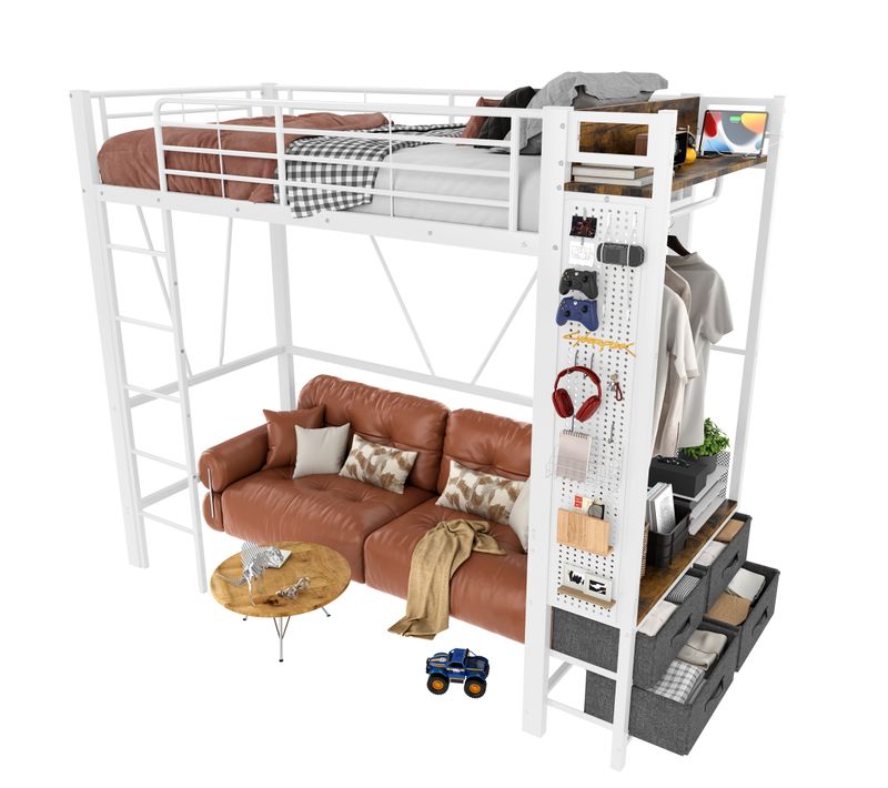 Lit Mezzanine 90x200 Cm Avec LED, 4 Tiroirs, Étagères, Prises USB Type-c Et Penderie, Métal Blanc