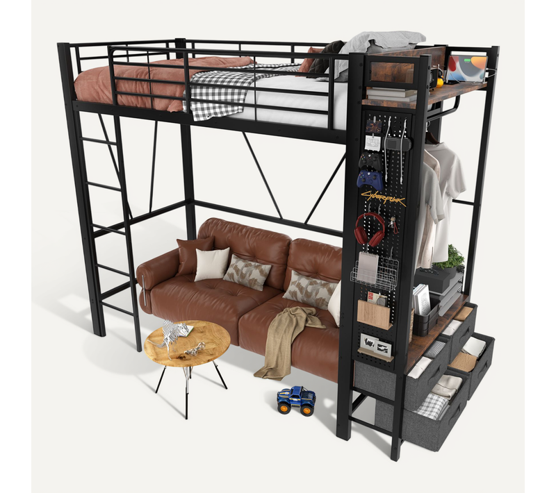 Lit Mezzanine Enfant 90x200 Cm Avec LED, 4 Tiroirs, Rangements, Prises USB Et Penderie, Métal Noir
