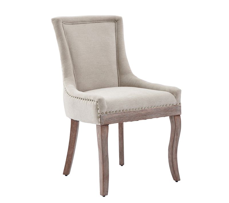 Lot 2 Chaises De Salle à Manger En Tissu Beige à Dossier Haut Avec Cadre En Bois Et Coussin Doux