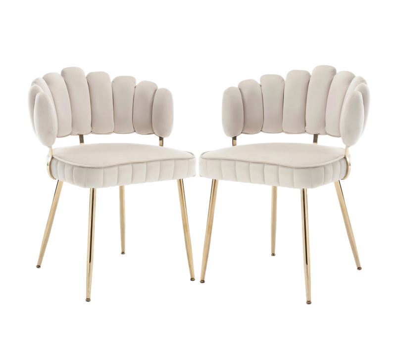 Lot 2 Chaises De Salon Design Avec Dossier Fleur Et Assise En Velours Beige, Chambre Et Bureau