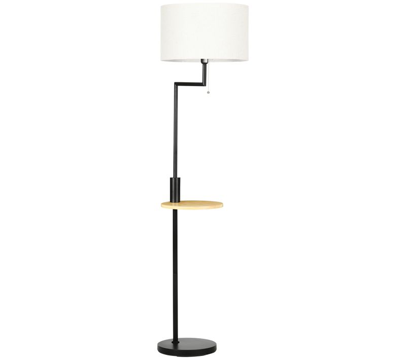 Lampadaire Blanc En Métal Noir Avec Tablette En Bambou Et Port USB, Ø40xh168 cm