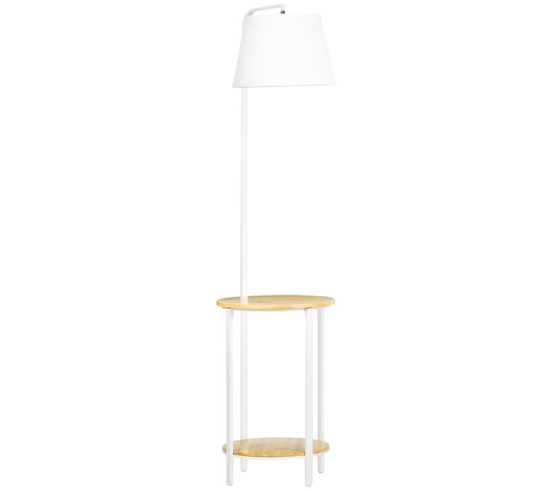 Lampadaire Blanc En Métal Avec 2 Tablettes En Bambou, Rangement, Interrupteur Pied, Haut.162 cm