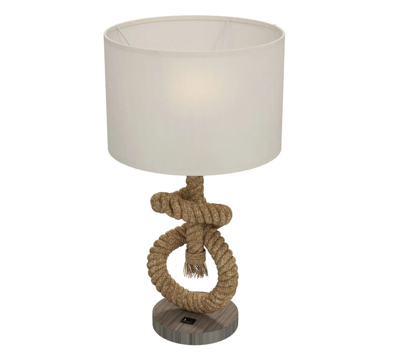 Lampe à Poser De Table LED Blanc Crème Avec Port USB Et Abat-jour Lin, Design Nautique