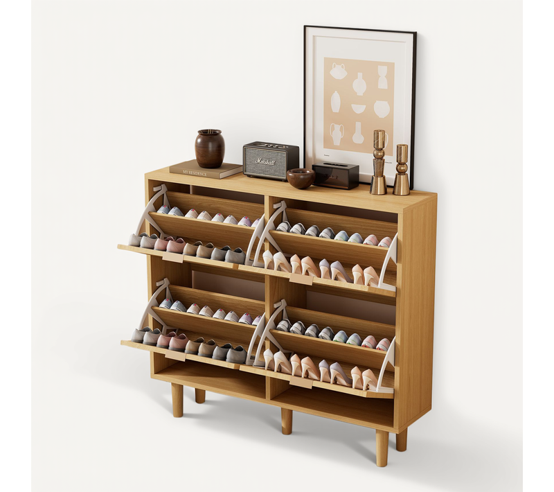Meuble à Chaussures100x25x90 Cm, 4 Portes, Ventilation, Pieds En Bois, Aggloméré+rotin, Couleur Bois