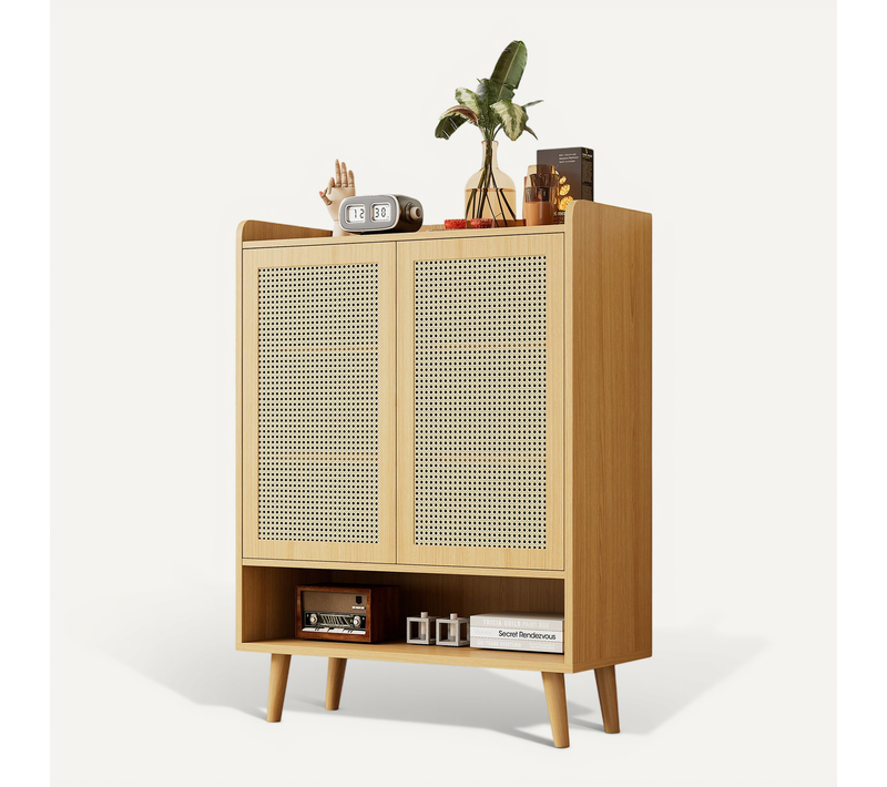 Buffet Bas 80x35x105 Cm, 2 Portes En Rotin Tressé, Angles Arrondis, Aggloméré, Couleur Bois