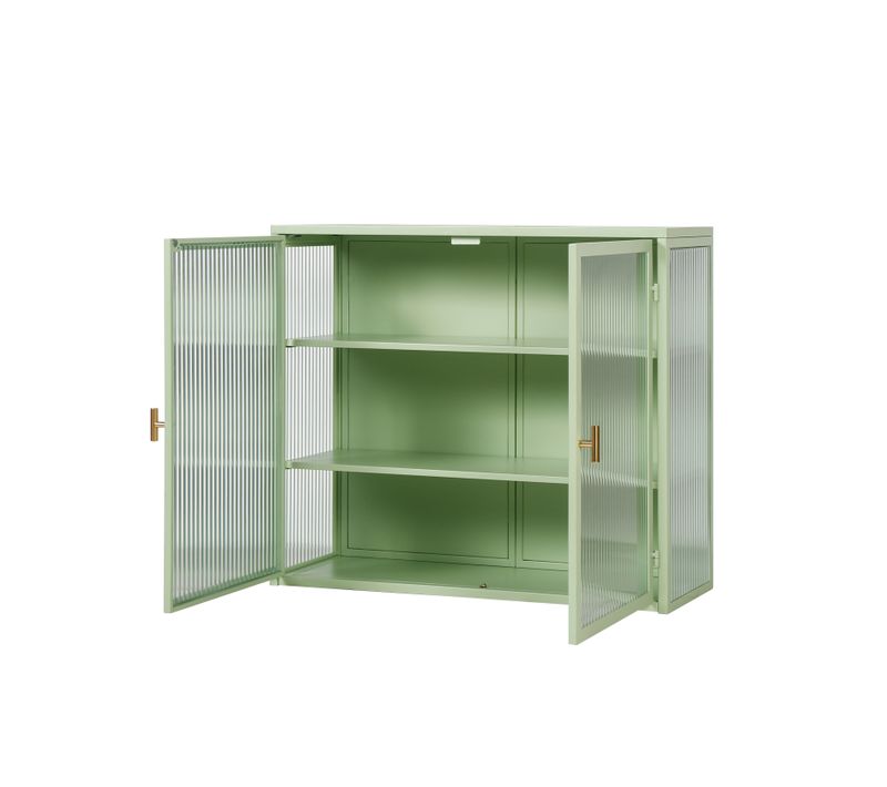 Armoire De Toilette70x23x60cm, 2 Portes En Verre, étagères Amovibles, mural, verre+fer, vert