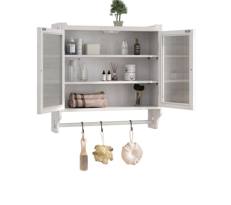 Armoire De Toilette63x18x60cm, 2 Portes En Verre, Étagères Amovibles, Mural, Mdf, Blanc