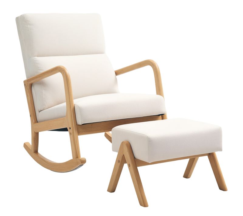Fauteuil à Bascule Tissu Blanc Crème Avec Repose-pieds – Balancement Doux Et Confort