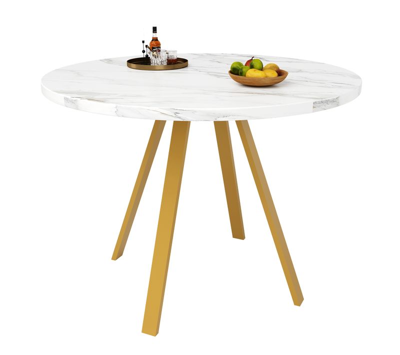 Table à Manger80x80x75 Cm, Table Ronde, Motif De Marbre, Pieds En Fer, Mdf+métal, Blanc+doré