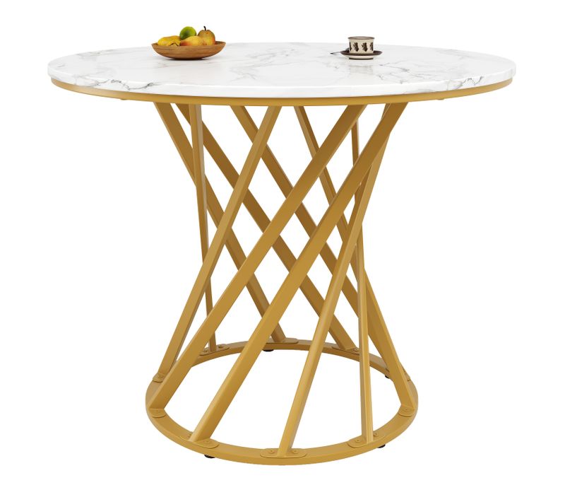 Table à Manger 80x80x76 Cm, Table Ronde, Motif De Marbre, Pieds En Fer, Mdf, Blanc+doré
