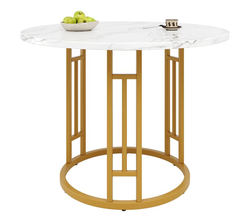 Table à Manger80x80x76 Cm, Table Ronde, Motif De Marbre, Cadre En Metal, Mdf, Blanc, Doré