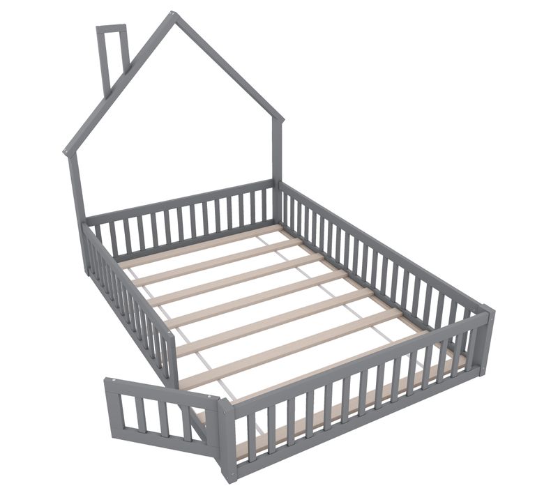 Lit cabane En forme de cheminée, 200x140cm, Lit Enfant Avec Barrières, Lit Simple, Mdf Et Pin, gris