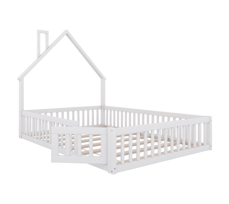 Lit cabane Avec Barrières, 200x140cm, Lit Enfant Avec Sommier à lattes, Pin Et Mdf, blanc