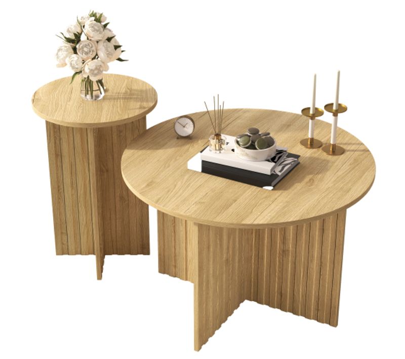 Lot De 2 Tables Basses Gigognes Rondes Bois, Scandinave