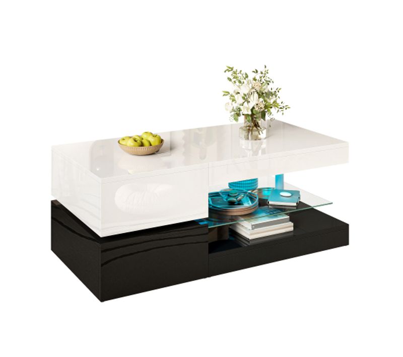 Table Basse Noire Et Blanche Avec Éclairage LED, Étagère En Verre, Surface Brillante, 90x45x35,5 Cm