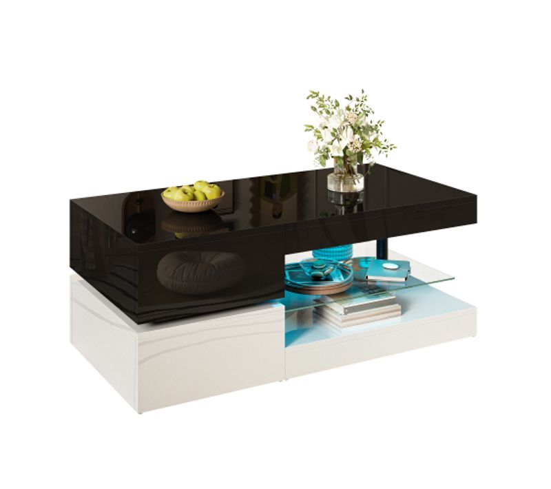 Table Basse Blanche Et Noire Avec Éclairage LED, Étagère En Verre, Surface Brillante, 90x45x35,5 Cm