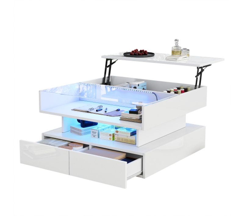 Table Basse Relevable 80x80x45 Cm Avec 2 Tiroirs, Éclairage LED, En Verre Trempé, Blanc