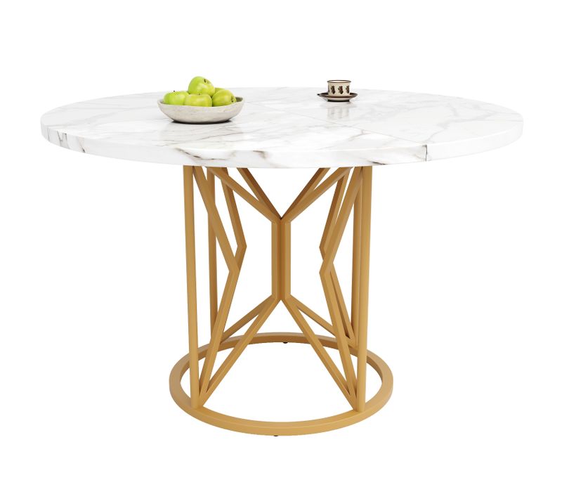 Table Ronde Salle à Manger 100cm Blanc Et Doré, Plateau Effet Marbre, 4 à 6 Personnes