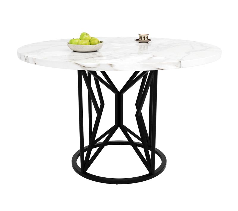 Table à Manger Ronde 100cm Blanc Et Noir, Plateau Effet Marbre, 4 à 6 Personnes