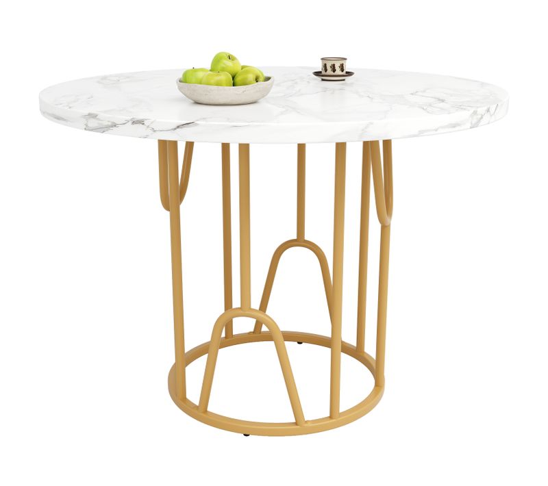 Table à Manger Ronde 80cm Blanc Et Doré 4 à 6 Personnes, Plateau Effet Marbré, Pieds Dorés