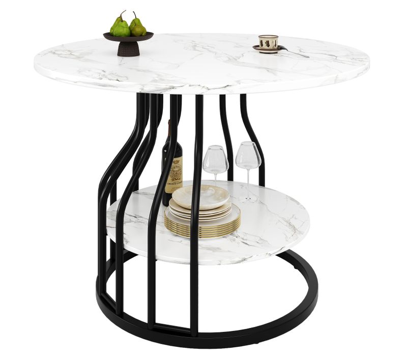 Table à Manger Ronde 80cm Blanc Et Noir Effet Marbre 4 Personnes Avec Rangement