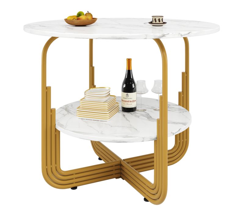 Table à Manger Ronde 80cm Blanc Et Doré Effet Marbre 4 Personnes Avec Plateau De Rangement