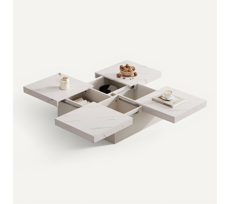 Table Basse 90x90x25cm, Moderne, Table Carrée, Motif Marbre, 4 Coffres, Aggloméré, Blanc