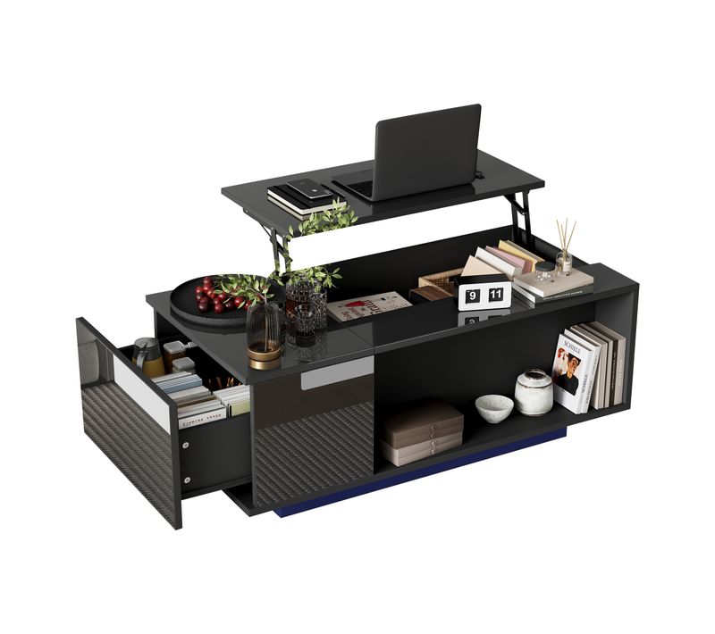 Table Basse Noir, LED Appli, 1 Tiroir, Plateau Relevable Hydraulique, Rangement, Panneau Particules