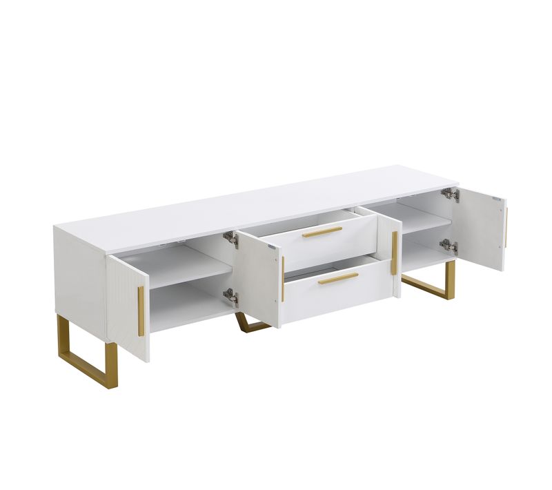 Meuble TV Avec 2 Tiroirs Et Portes à Motifs Sculptés, Mdf, Blanc Et Or