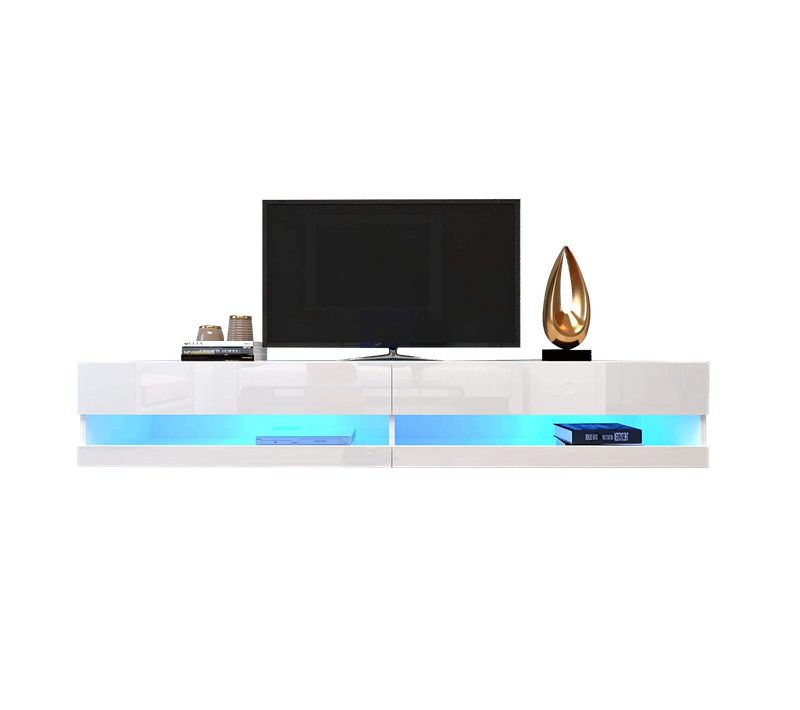 Meuble TV LED Suspendu Avec Rangement, Effet Marbre, Mdf, Blanc