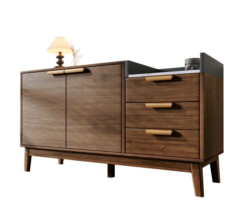 Buffet Bas Double Porte 3 Tiroirs Rangement Ouvert Pieds Bois Massif Plateau Marbre Chêne Clair