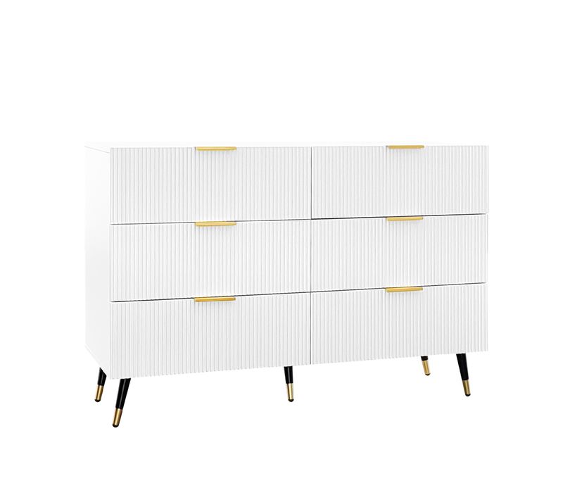 Buffet Salon 6 Tiroirs, Design Élégant Et Spacieux, Panneau Particules, Blanc Et Or