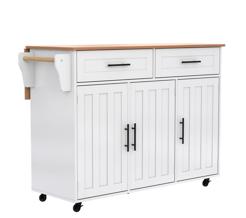 Îlot Cuisine Mobile Avec Roulettes Et Plateau Rabattable, Plan Bois Massif, Blanc