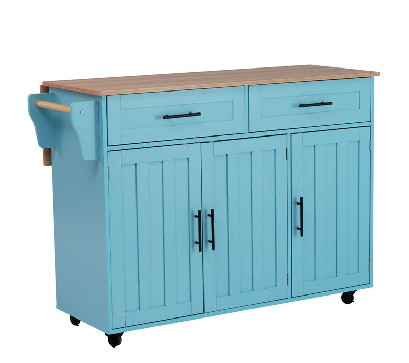 Îlot Cuisine Mobile Avec Roulettes Et Plateau Rabattable, Plan Bois Massif, Bleu