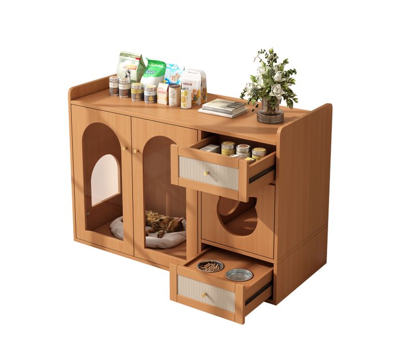 Armoire Litière Chat, Maison De Toilette Cachée, Rangement Pratique Avec Gamelles, Mdf/verre Noyer