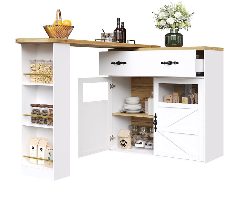 Îlot Cuisine, Buffet Extensible, Tiroirs Et Étagères Latérales, Mdf, Blanc