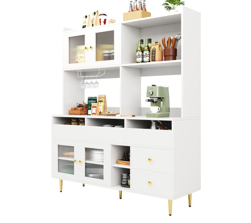 Vaisselier Design - Buffet Haut Avec Portes Vitrées Et Meuble Rangement, Mdf Métal, Blanc