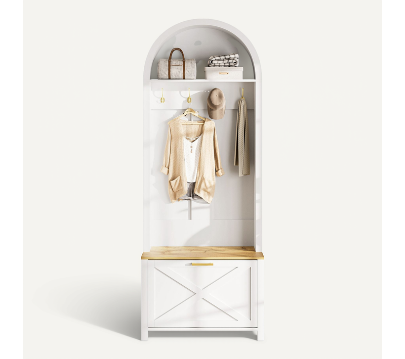 Vestiaire 75x35x195cm, 4 Crochets, 1 Porte, 1 Meuble à Chaussures, Moderne, Mdf, Couleur Blanc+bois