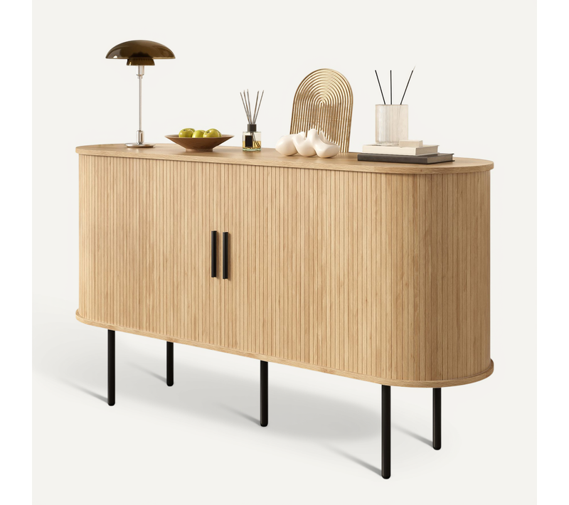 Buffet Bas140x40x78cm, 2 Portes Coulissantes, Naturel, Pieds En Fer, Mdf, Couleur Bois+noir