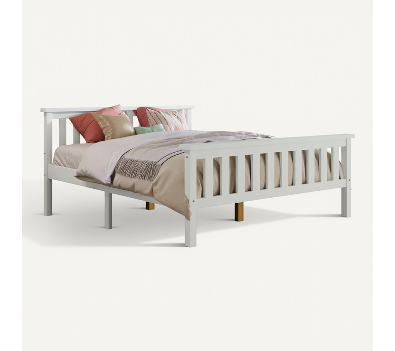 Lit 140x200cm, Lit 2 Places, Cadre De Lit, Tête De Lit, Design Simple, Sommier, Bois, Blanc
