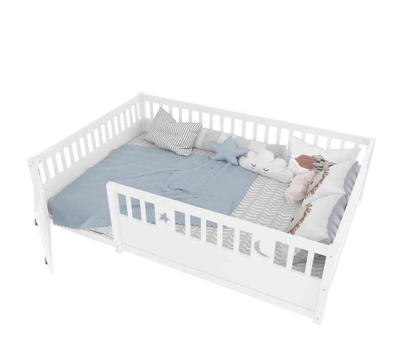 Lit Enfant 140x190 Cm Avec Barrière De Sécurité, Porte Et Décor Étoile Et Lune – Bois De Pin Blanc