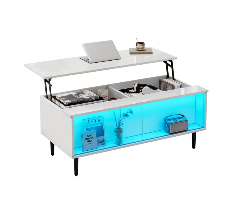 Table Basse Rectangle, 105 X 50 X 43cm, Finition Blanche, Plateau Relevable, LED Et Portes, Blanc