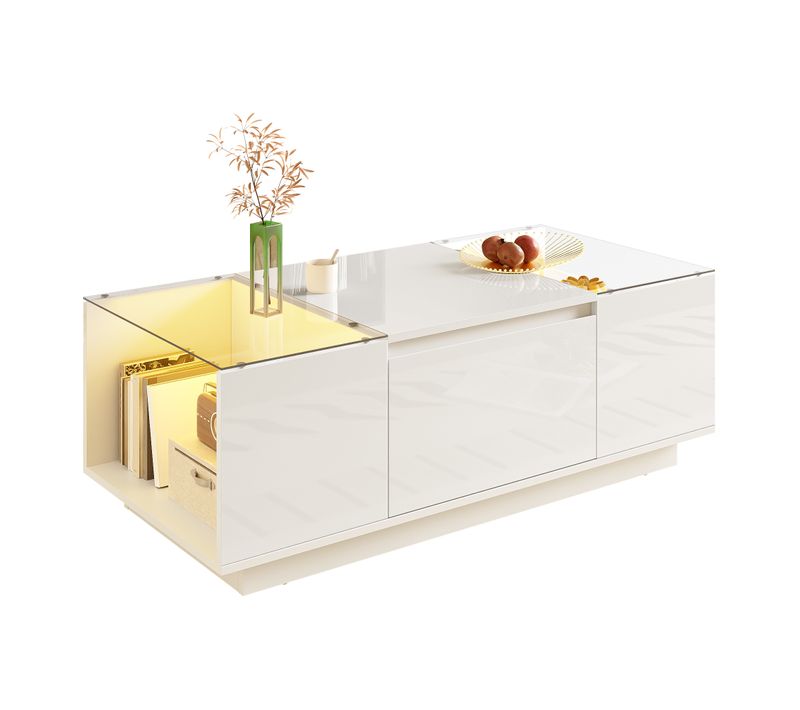 Table Basse105x50x35cm, Table Rectangulaire, 2 Tiroirs, Moderne, LED, Verre, Aggloméré, Blanc