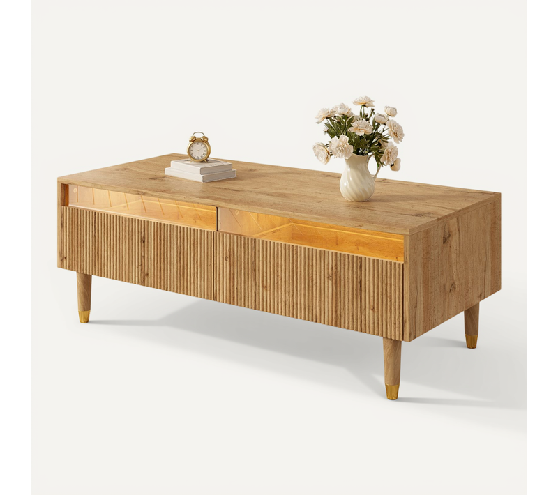 Table Basse110x50x40cm, table Rectangulaire, 2 Tiroirs, led, naturel, mdf, couleur Bois