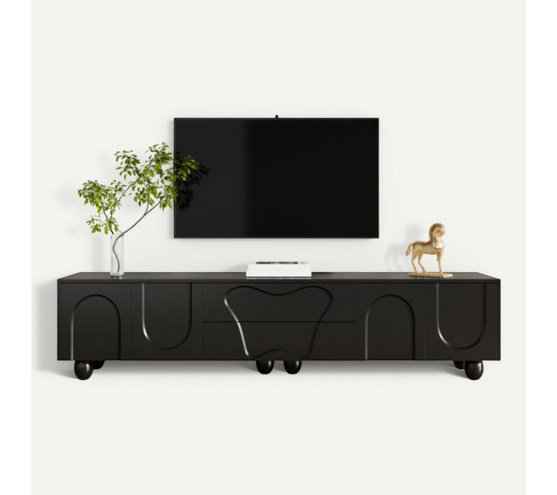 Meuble TV Noir 180 Cm Avec 4 Portes Et 2 Tiroirs, Pieds En Bois, Minimaliste Pour Salon