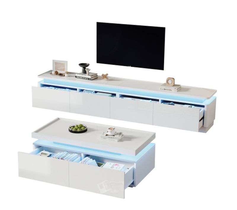 Ensemble De Meuble TV Blanc Avec LED Et 4 Tiroirs Et Table Basse Blanche Avec 2 Tiroirs Et LED