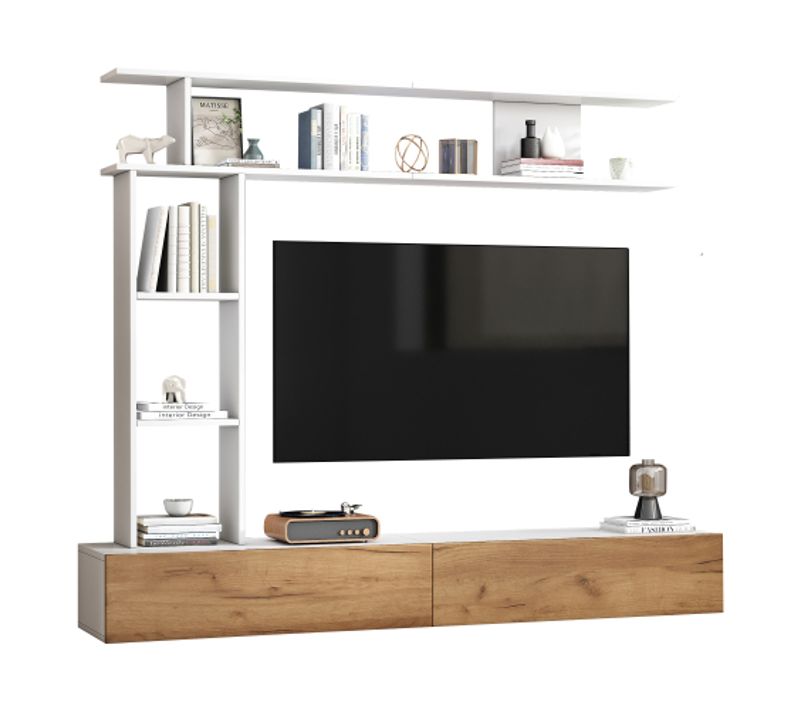 Ensemble De Meubles TV 180 Cm Avec Vitrines, Étagère Sur Pied Et Étagère Murale, Blanc Et Bois