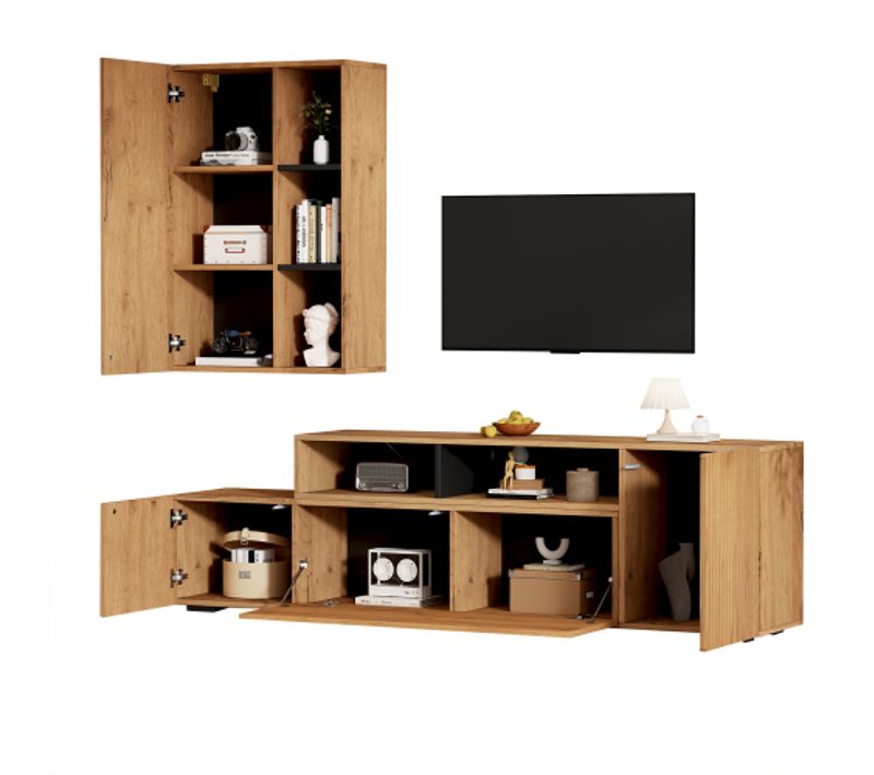 Ensemble De Meubles TV Avec Vitrine Et Étagère Sur Pied, Couleur Bois Et Noir