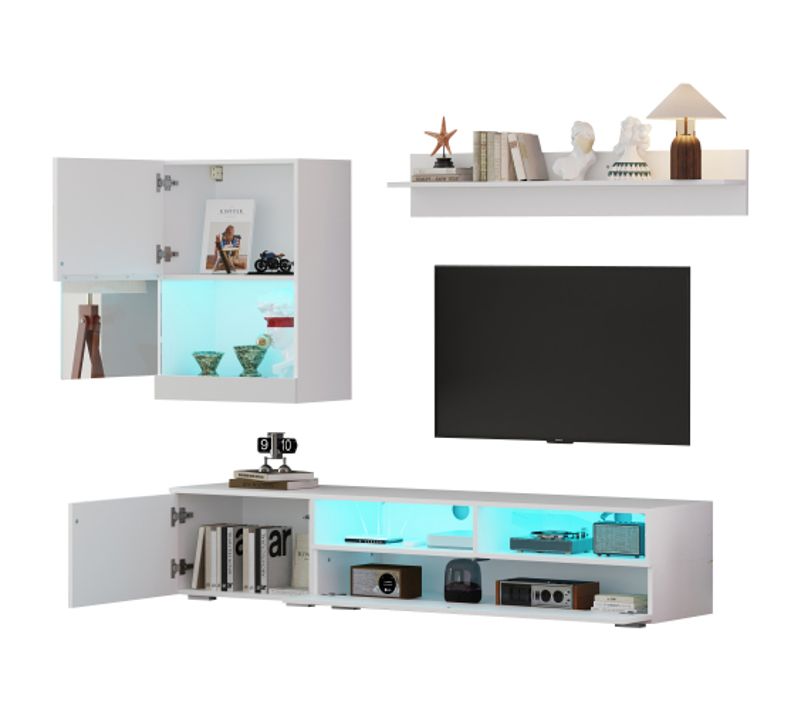 Ensemble De Meubles TV 175 Cm Avec Vitrine, Étagère Sur Pied Et Étagère Murale, Avec LED, Blanc
