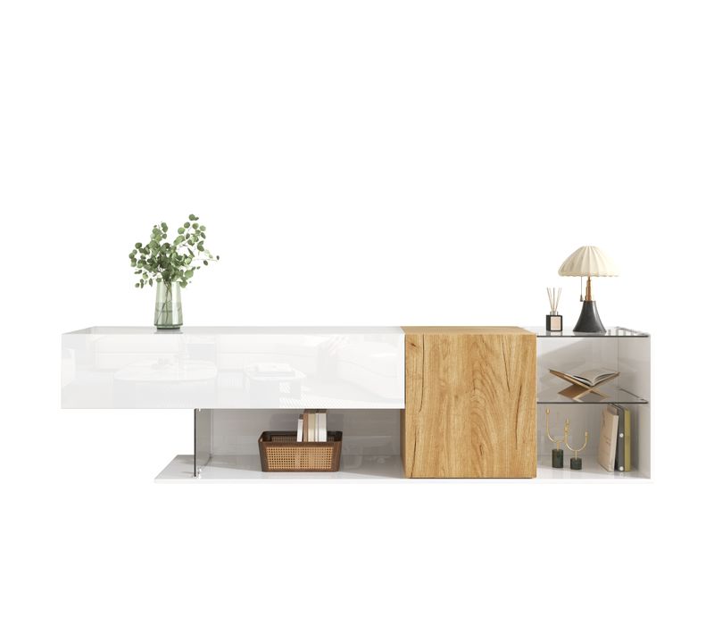 Meuble TV Moderne 180x38x48cm, 2 Portes, Aspect Bois Et Étagères En Verre, Blanc Brillant